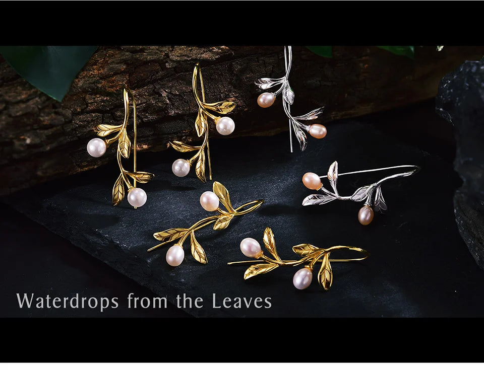 925 Silver Olive Leaves Pearl Drop Earrings – Nature-Inspired Jewelry