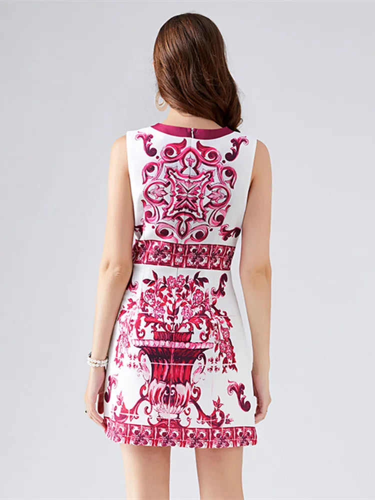 Runway-Inspired Blue & White Floral Sleeveless Holiday Mini Dress