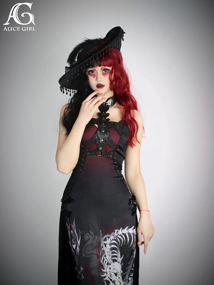 Original Alice Girl Dragon Print Dress – Light Lolita Gothic Punk Slip Dress