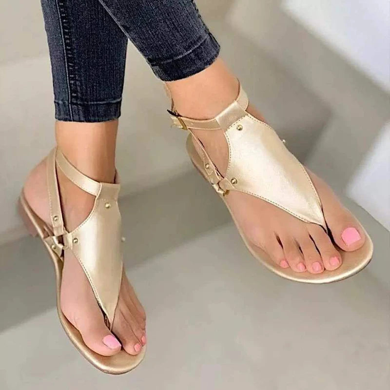 Buckle Up Summer PU Leather Flats – Women's Fashion Sandals