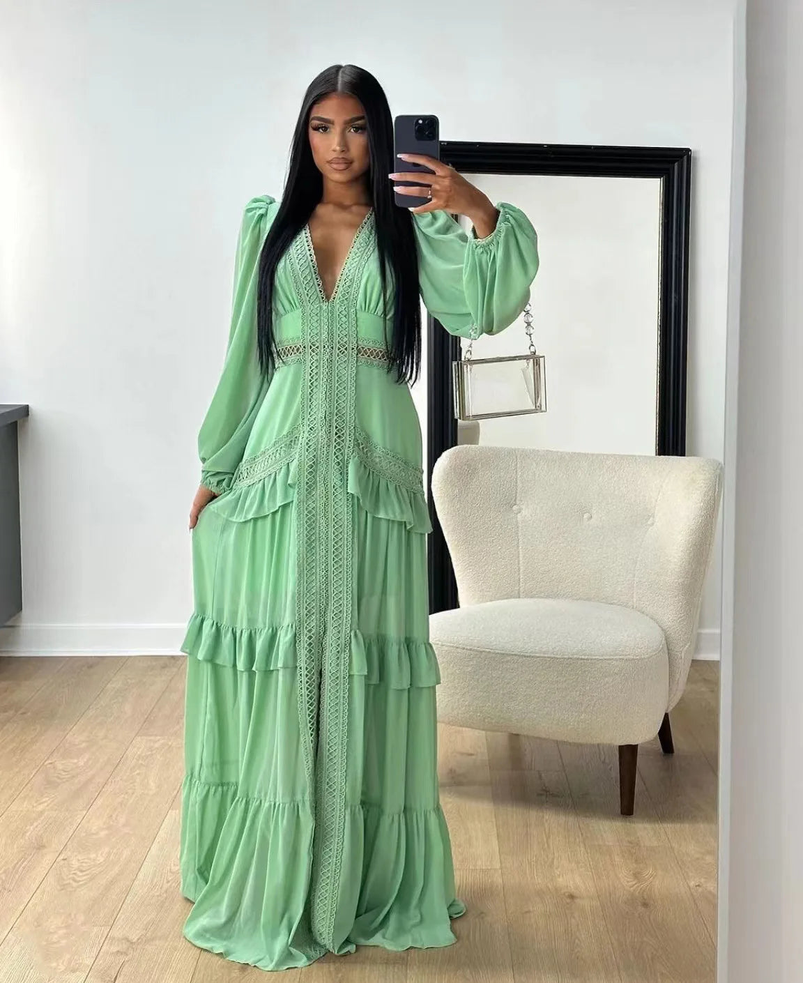 Elegant Ruffle Hollow-Out Maxi Dress – Summer Party Chic
