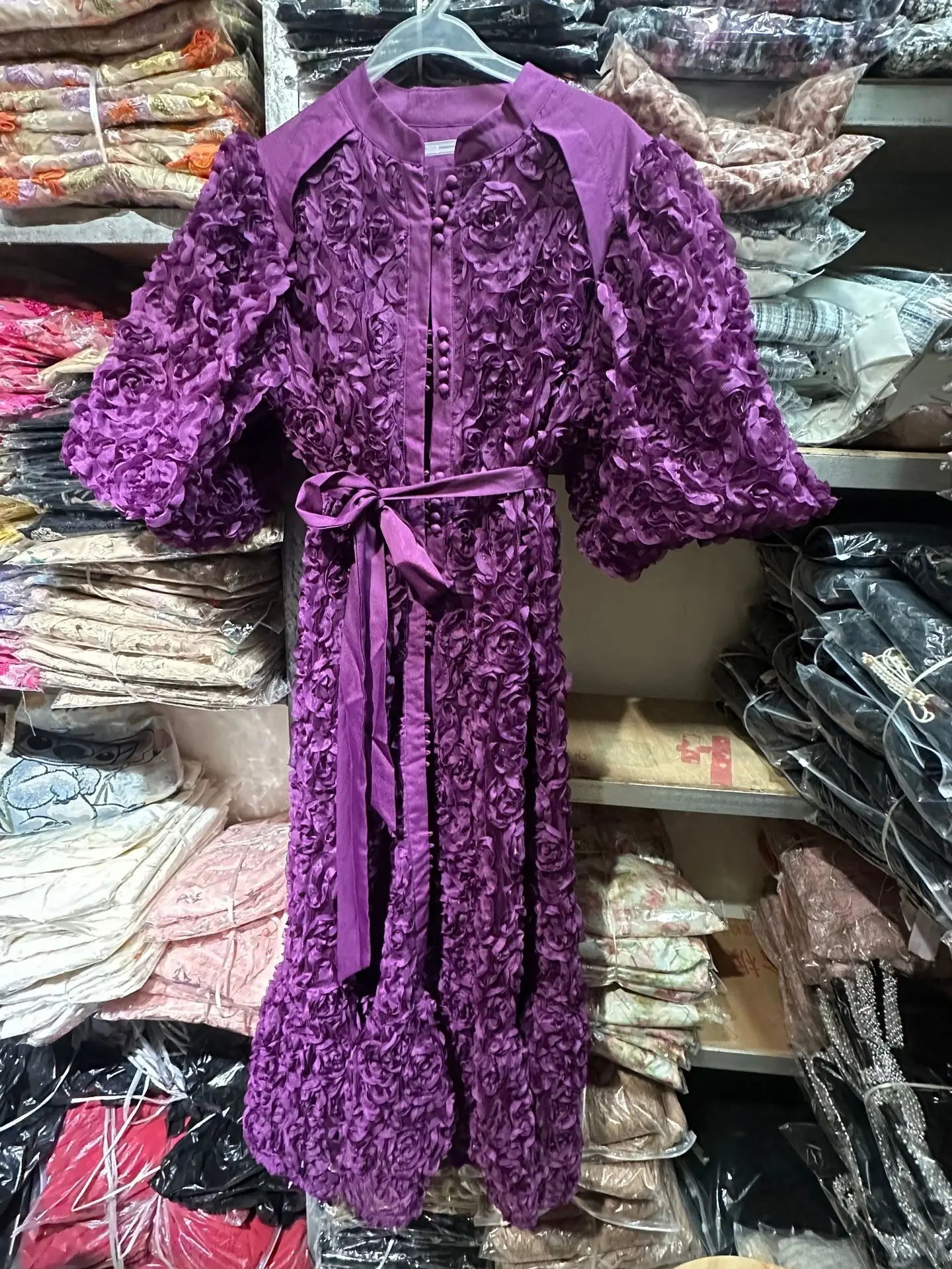 Blooming Grace – 3D Floral Bubble Sleeve Evening Dress