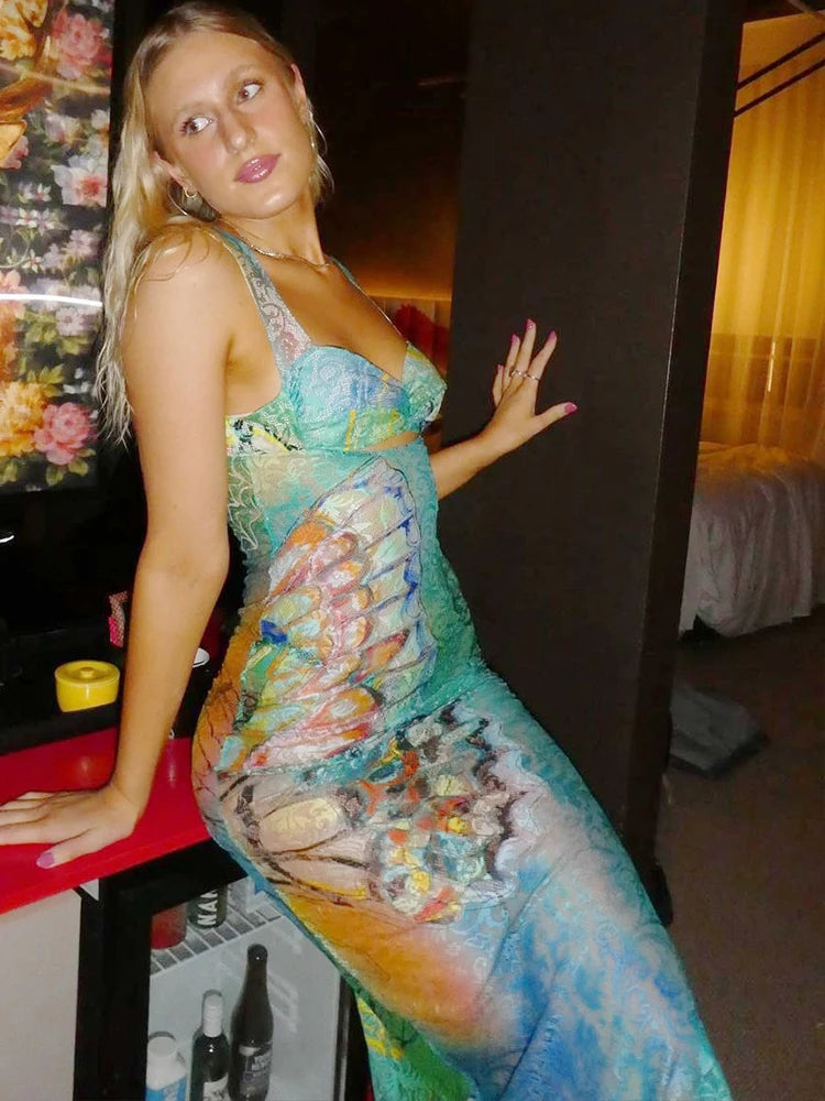 Dulzura Lace Print Cut Out Maxi Dress – Sexy Y2K Street Style