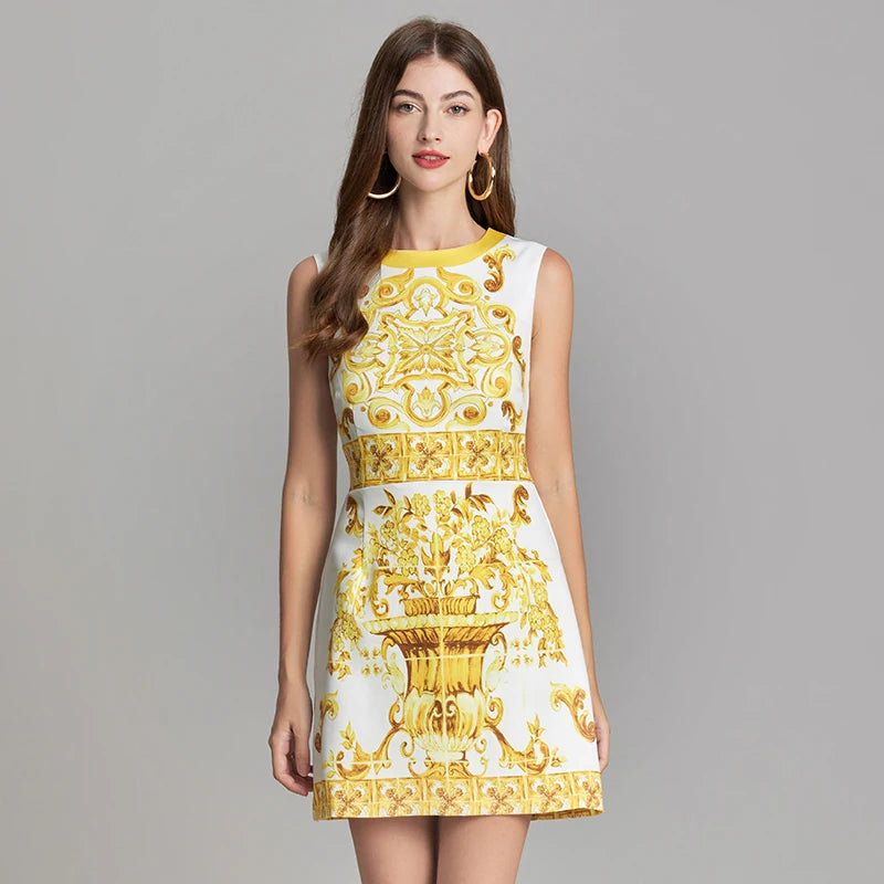 Runway-Inspired Blue & White Floral Sleeveless Holiday Mini Dress