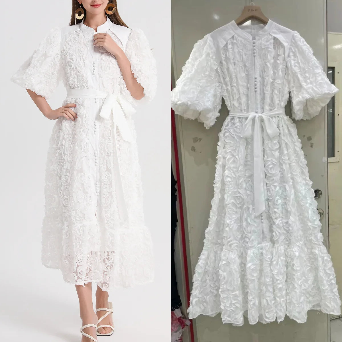 Blooming Grace – 3D Floral Bubble Sleeve Evening Dress