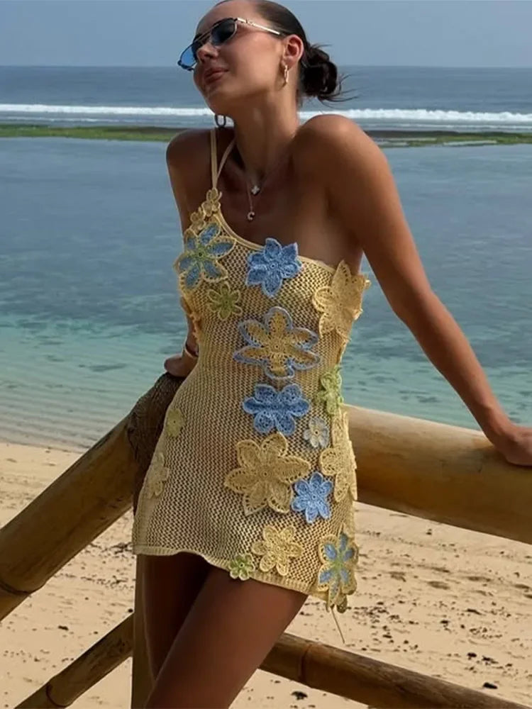 Vibrant Floral Knit Mini Dress – Sexy Hollow Out Beach Outfit