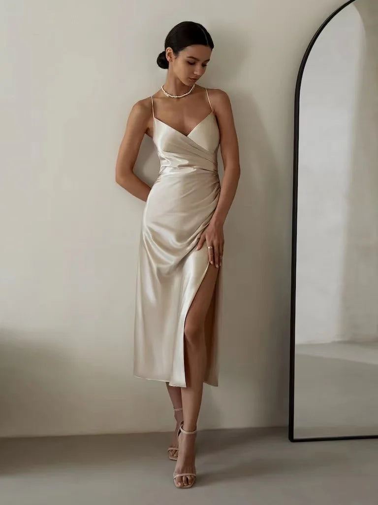 High Split Satin Dress – Sexy Camisole Formal Gown for Weddings & Events