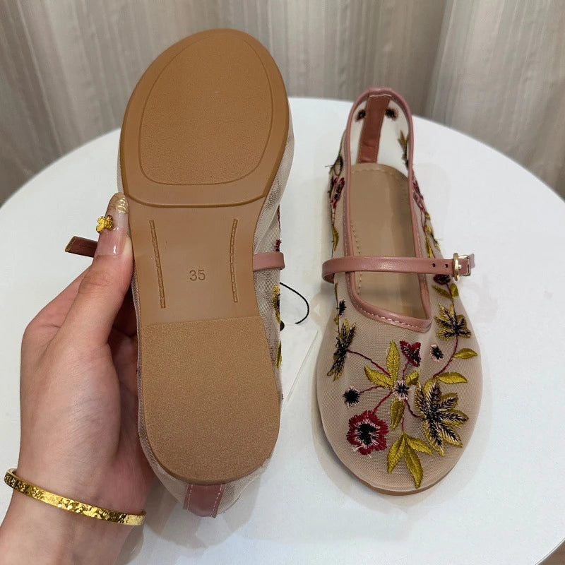 Elegant Round Toe Buckle Strap Mesh Flats – ZAROY Designer Women’s Footwear