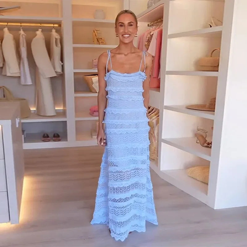 Blue Bliss: Sexy Ruffle Slip Long Dress for Summer 2025