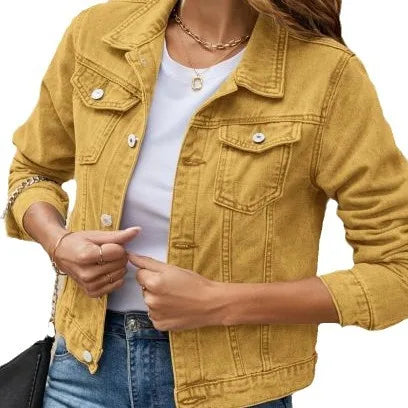Trendy Women's Short Denim Jacket – Lapel Collar & Pocket Detail