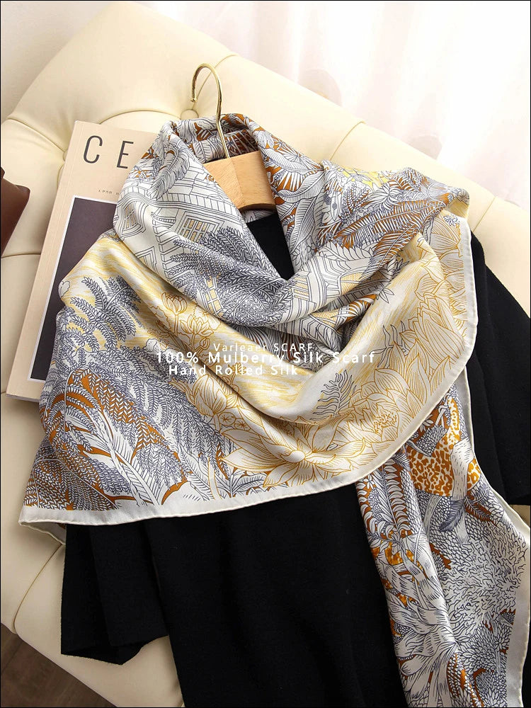 Luxury 110CM Silk Scarf for Women – Tropical Faubourg Print Head & Neck Shawl