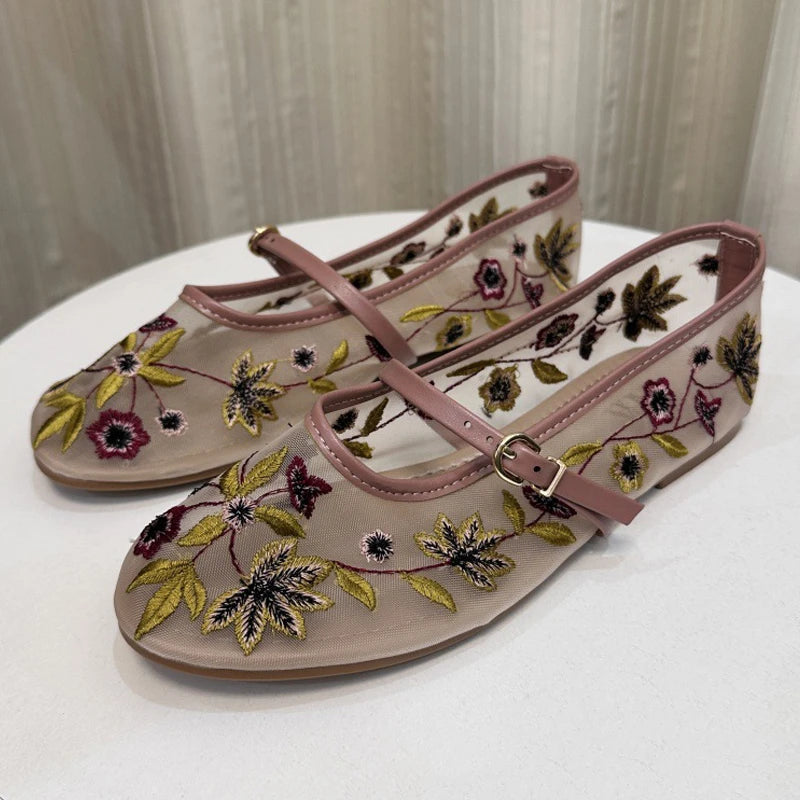 Elegant Round Toe Buckle Strap Mesh Flats – ZAROY Designer Women’s Footwear