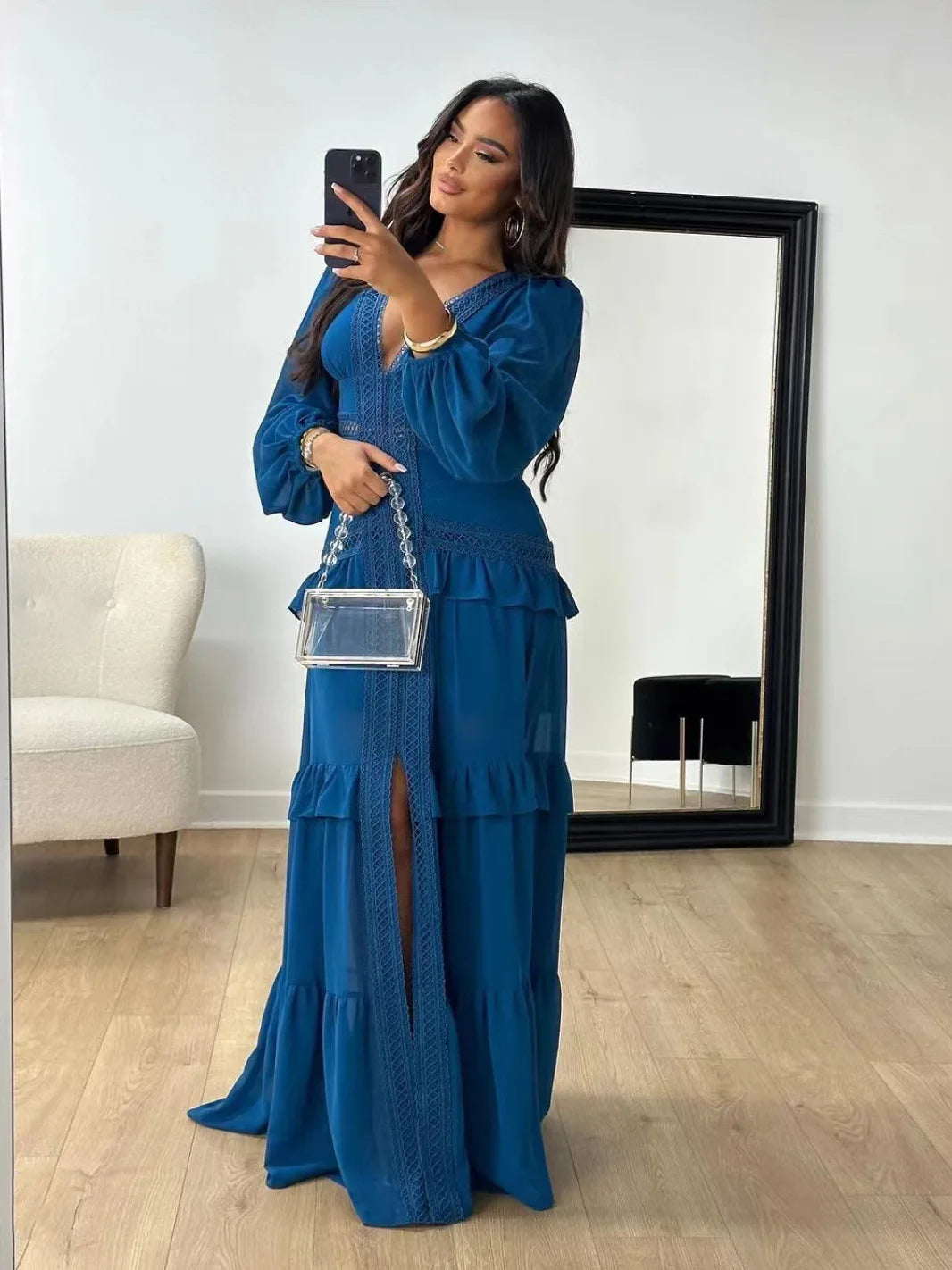 Elegant Ruffle Hollow-Out Maxi Dress – Summer Party Chic