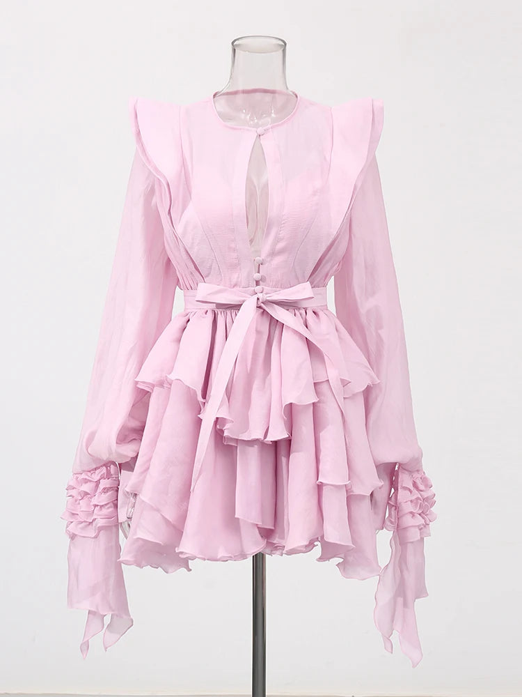 High Waist Solid Spliced Dress with Lace-Up Detail