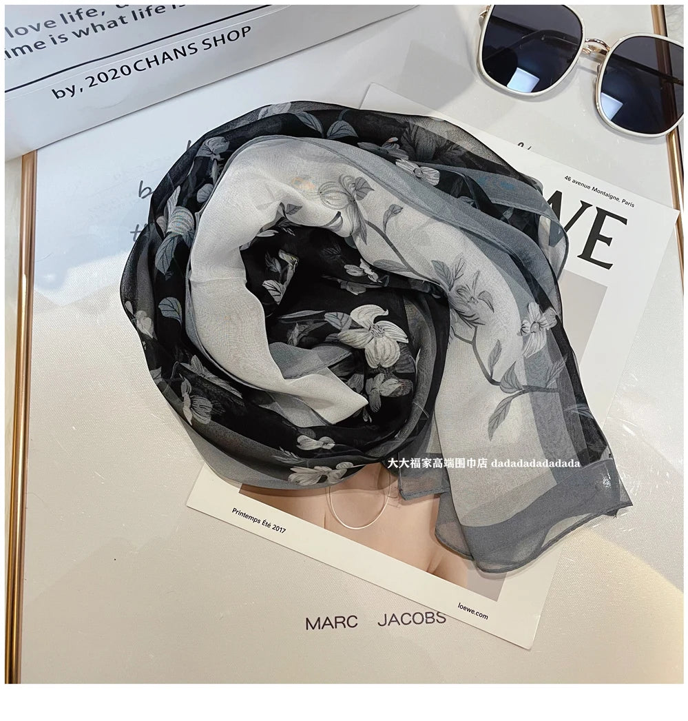 Luxury 100% Silk Shawl – Elegant Blue Scarf Cape C255 for Spring & Summer