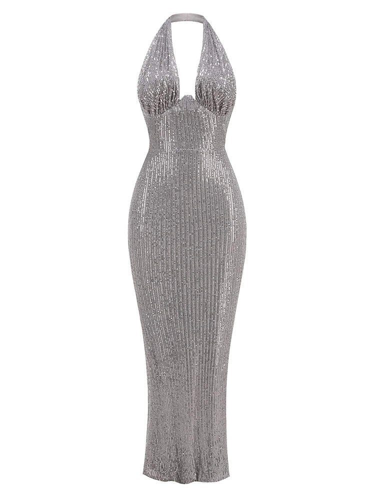 Glamour Green Sequin Halter Maxi Dress – Deep V Celebrity Gown