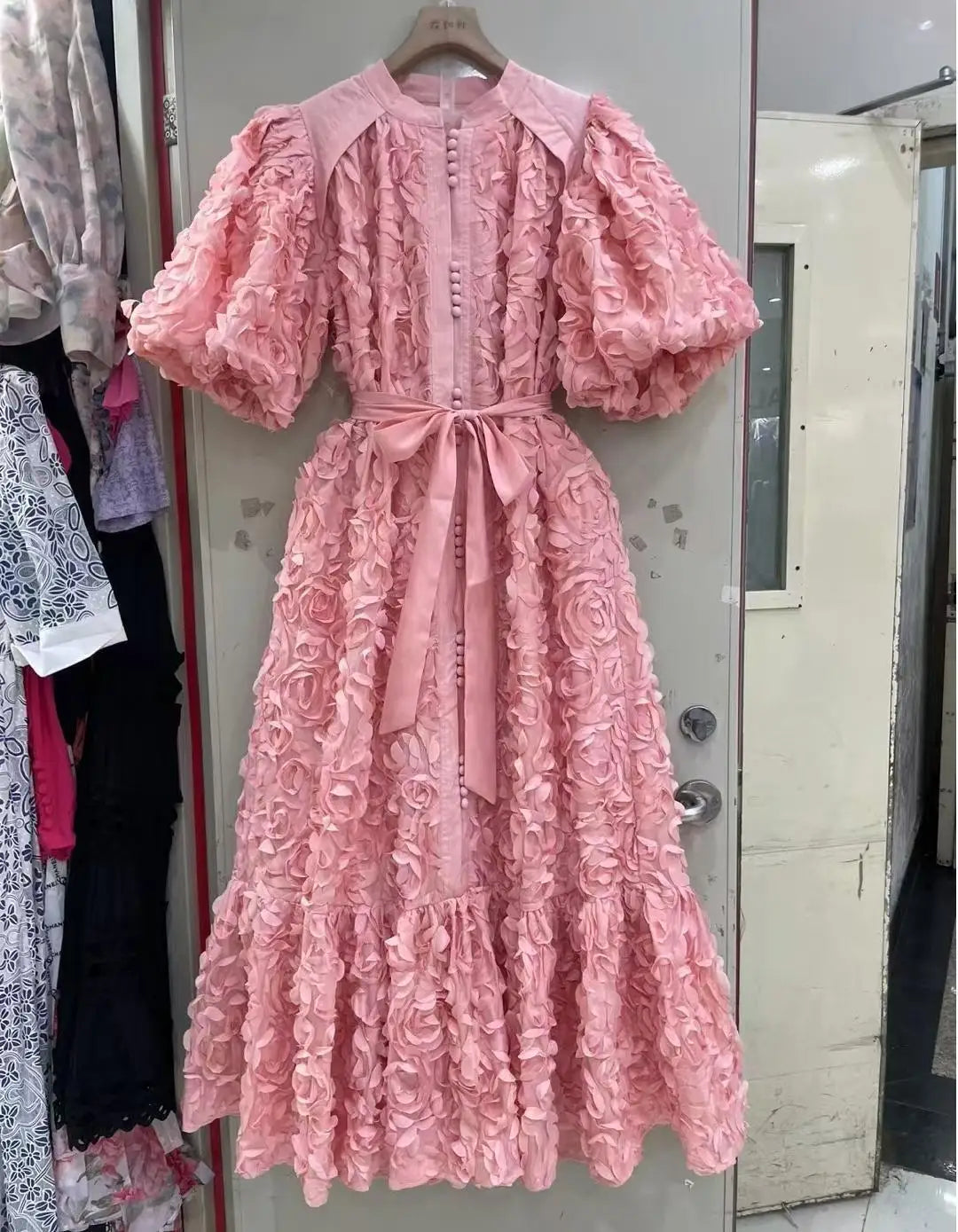 Blooming Grace – 3D Floral Bubble Sleeve Evening Dress
