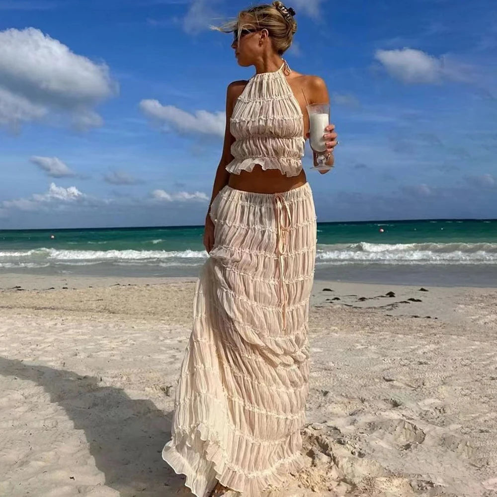 Women's Sexy Folded Vest & Long Skirt Set – Breezy & Beautiful for Summer