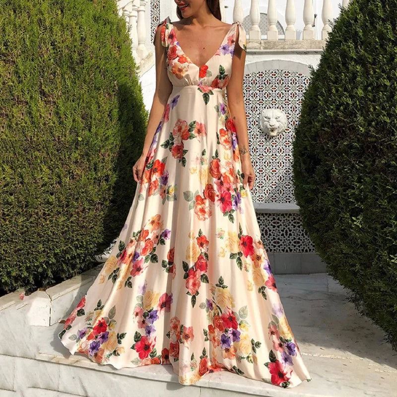 Backless Printed Maxi Dress – High Waist Swing Camisole Dress for Women