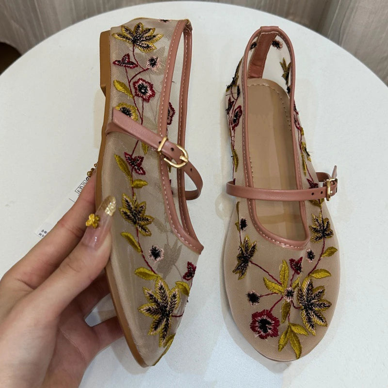 Elegant Round Toe Buckle Strap Mesh Flats – ZAROY Designer Women’s Footwear