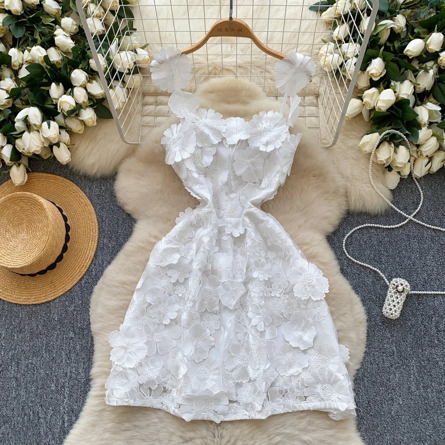 Zipper Back 3D Flower Embroidered Short Dress – Chic Sleeveless Look