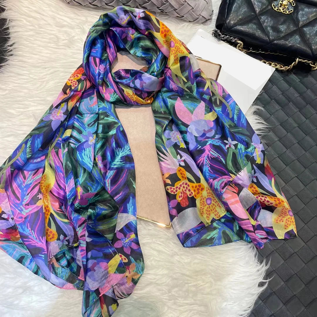 Elegant Blue Graffiti Silk Shawl – Neck & Head Scarf for All Seasons