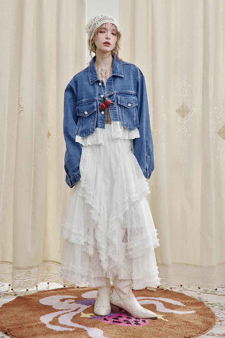 Women’s Vintage Y2K Lace Stitch Short Denim Jacket – ELFSACK Spring Edit