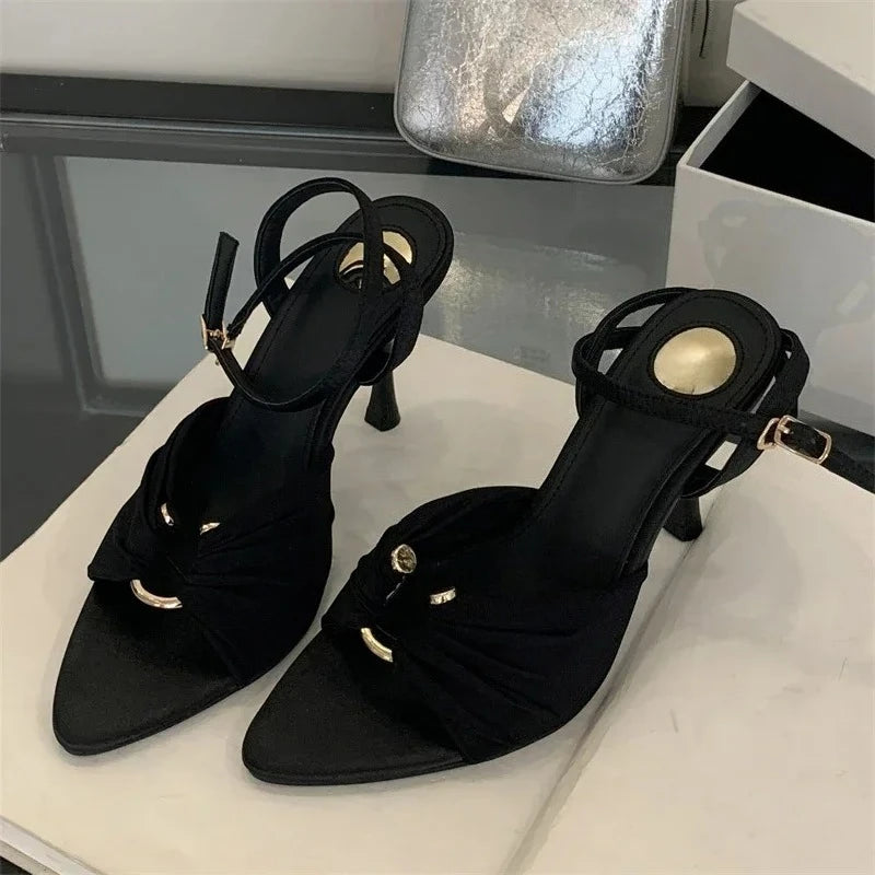 Aneikeh Elegant Pointed Toe High Heel Mules – Pleated Design Sandals