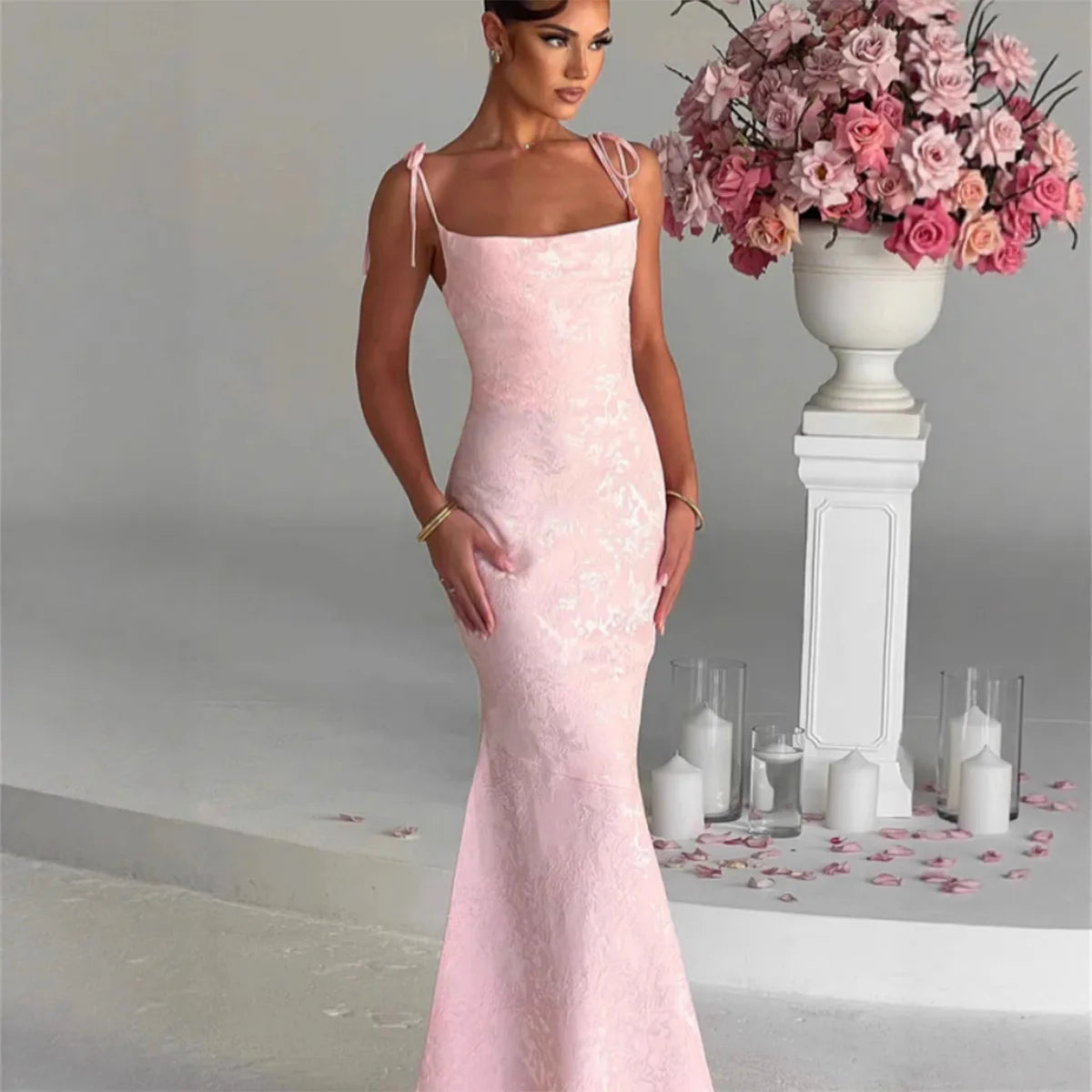 Elegant Bodycon Party Dress – White Jacquard Backless Maxi Dress by NIDANSSI