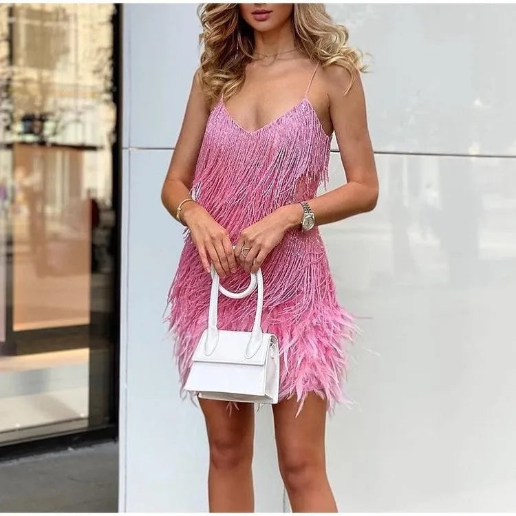 Feather Trim Sparkle Mini Dress – Club & Prom Edition