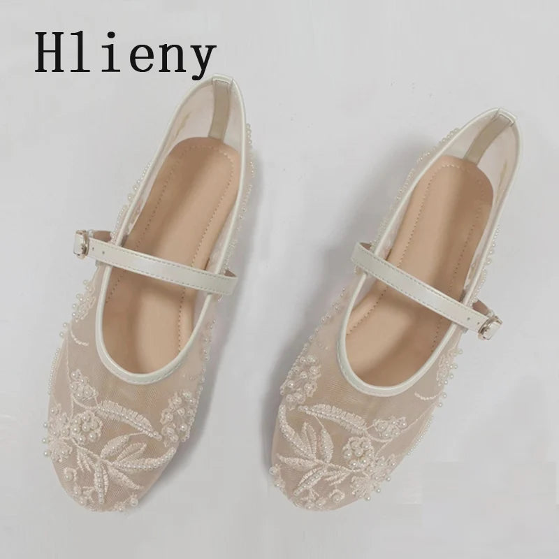 Elegant Mesh Mary Janes with Floral Embroidery & Pearls – Hlieny Loafers