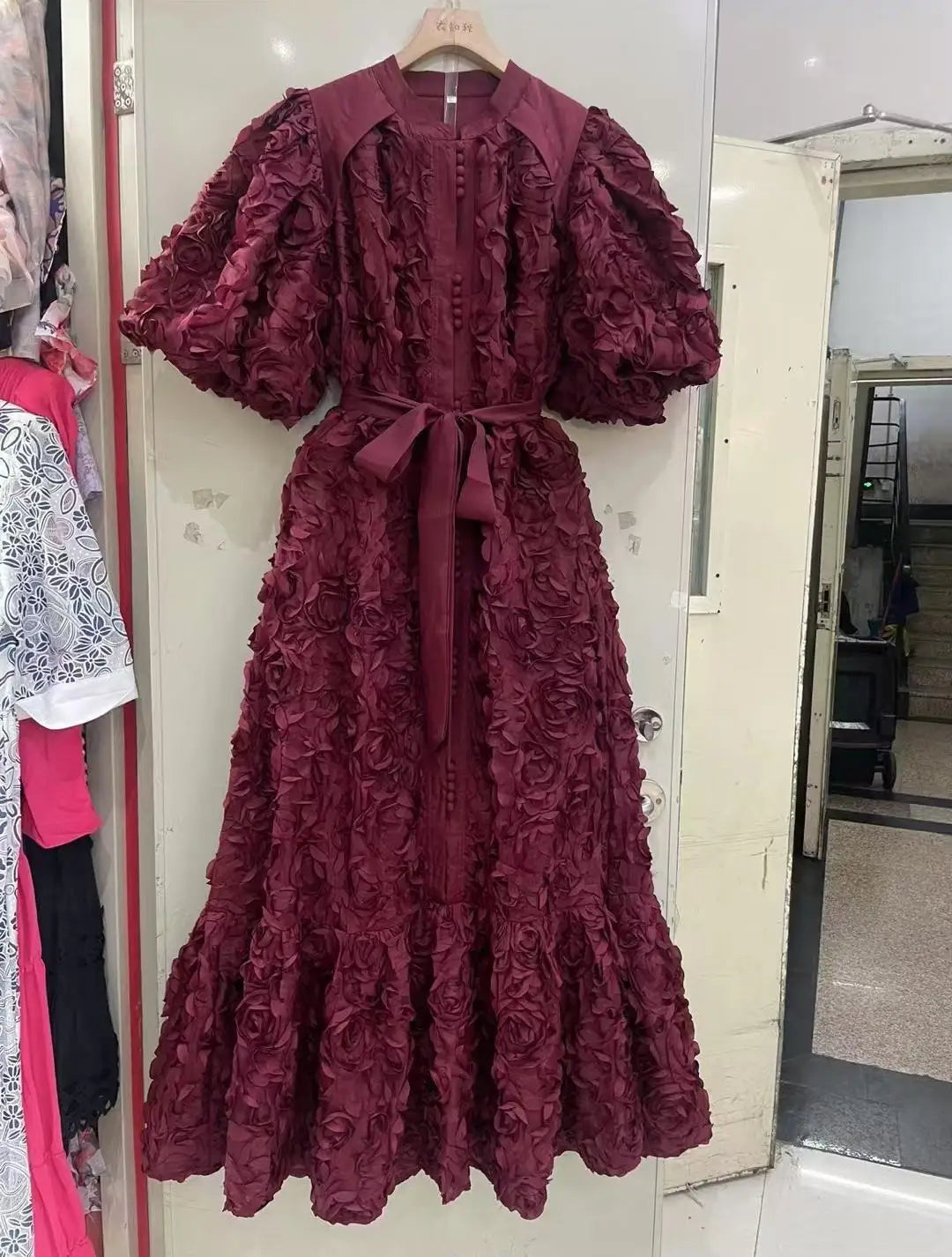 Blooming Grace – 3D Floral Bubble Sleeve Evening Dress