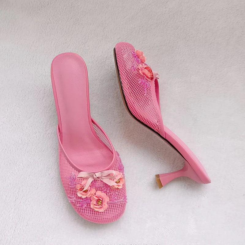 Sexy Thin Heel Flower Mesh Sandals – Summer Statement Slides for Women