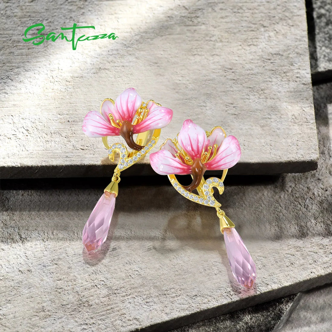 Romantic Floral Drop Earrings – Pink Crystal & White CZ by SANTUZZA