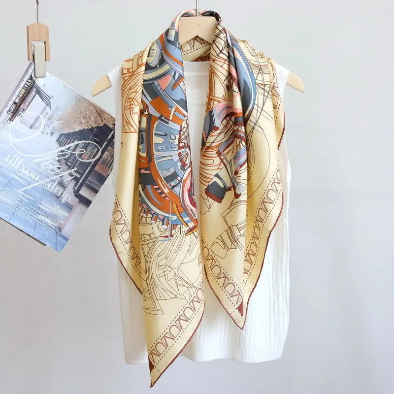 Elegant 90CM Natural Silk Bandana – Horse Design Head & Bag Scarf for Women