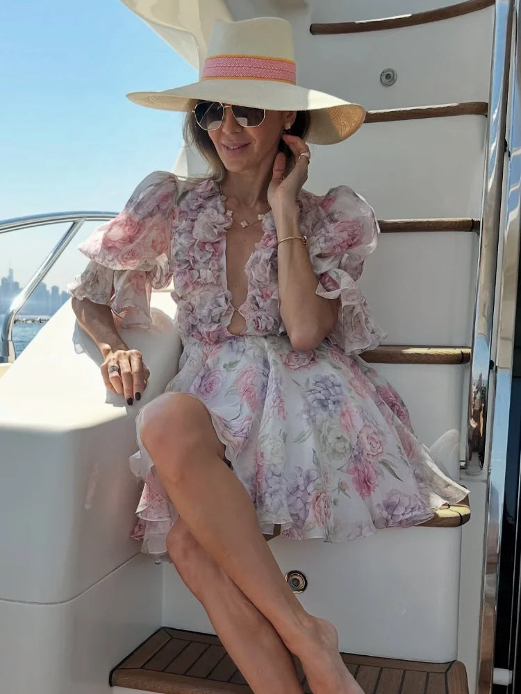 Elegant V-Neck Pleated Dress – High Waist Printed Evening Gown