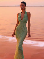 Glamour Green Sequin Halter Maxi Dress – Deep V Celebrity Gown