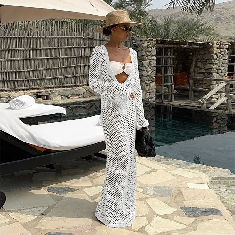 Summer 2024 Bell Sleeve Knit Beach Cover-Up Maxi Dress