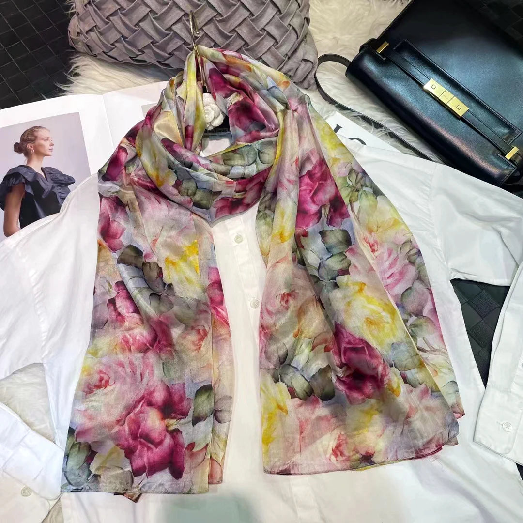 Elegant Blue Graffiti Silk Shawl – Neck & Head Scarf for All Seasons