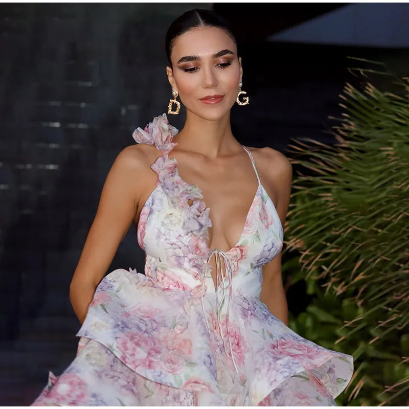 Elegant V-Neck Pleated Dress – High Waist Printed Evening Gown