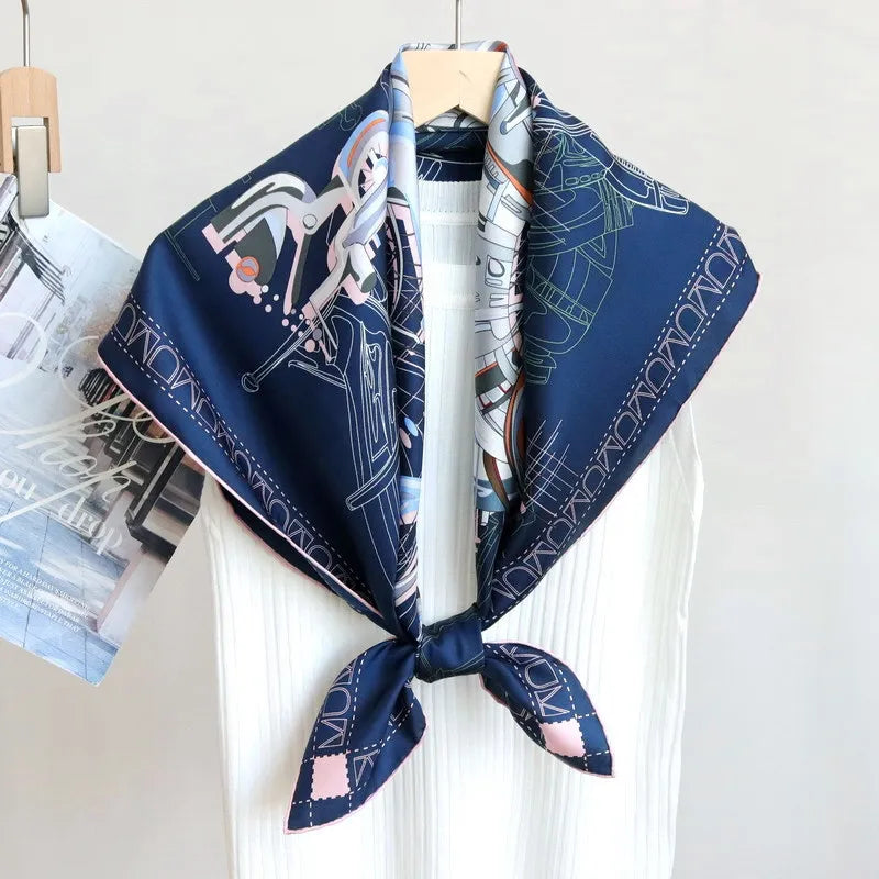 Elegant 90CM Natural Silk Bandana – Horse Design Head & Bag Scarf for Women