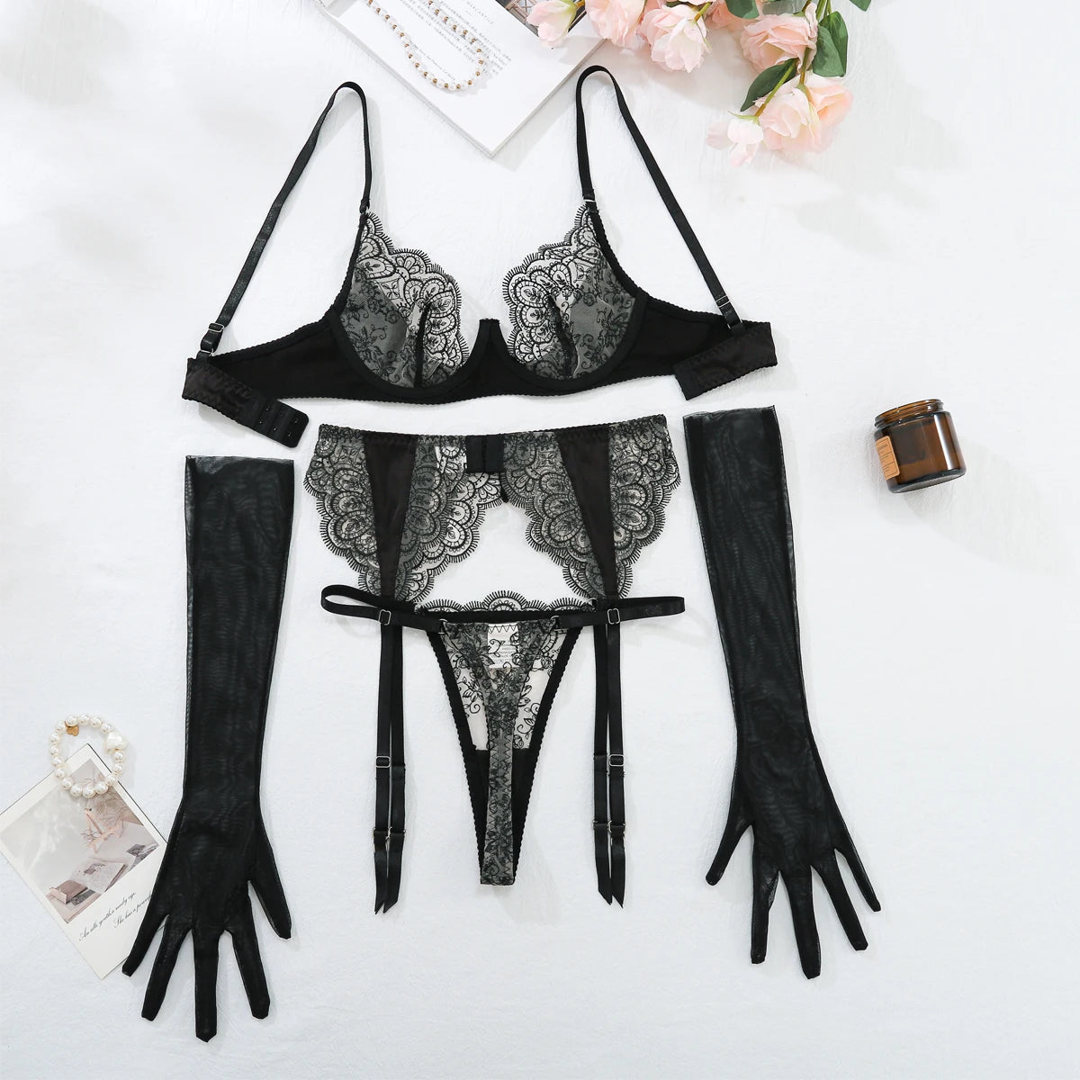 Ellolace Lace Sexy Lingerie Set With Long Glove Attractive Chest Suspenders Ensemble Lingeries Femmes Delicate Lace Underwear