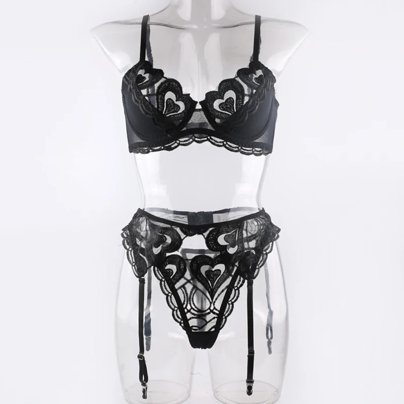 Women Sexy Black Embriodery Lingerie 3pcs Sets Hot Heart Pattern Fancy Bra And Panties With Garter Set Erotic Underwear Suits