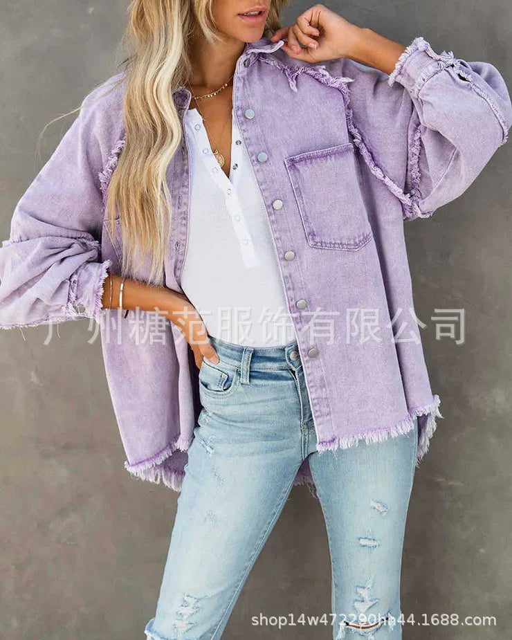 Women’s Vintage Frayed Edge Mid-Length Jean Coat – Colorful Patch Jacket