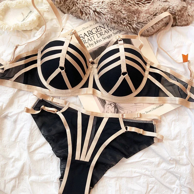 Supportive Lace Bra & Panty Set – Straps Gathered Anti-Sagging Soft Steel Ring Underwear