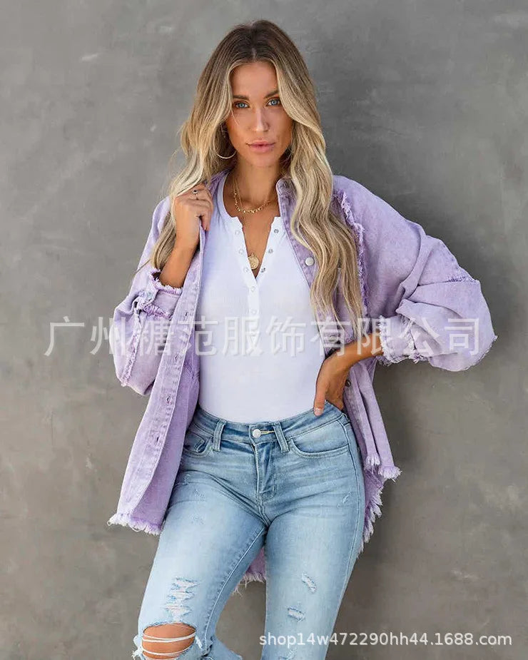 Women’s Vintage Frayed Edge Mid-Length Jean Coat – Colorful Patch Jacket