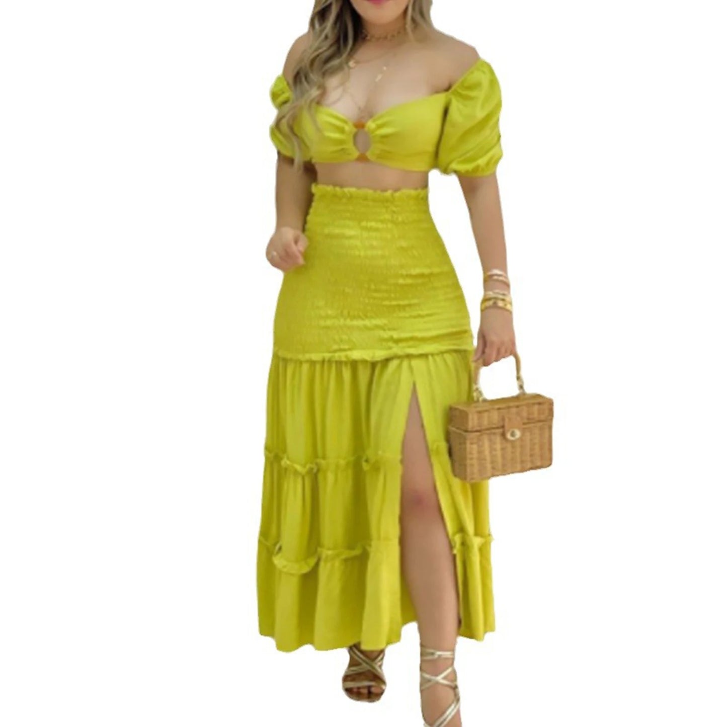 Elegant Floral Print Suit – High Waist Comfortable Dress with Slit for Women