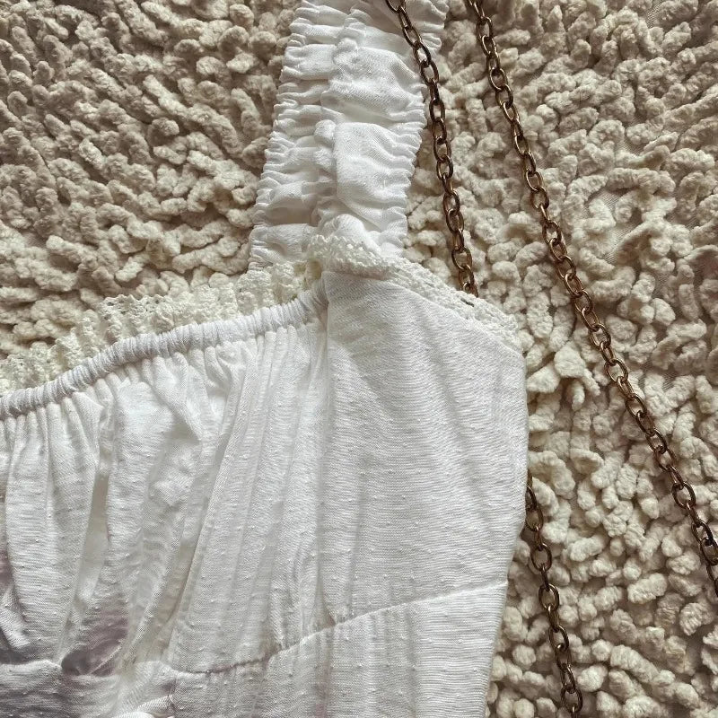 Boho-Inspired White Corset Midi Dress – Lace-Up Elegance for Summer Days