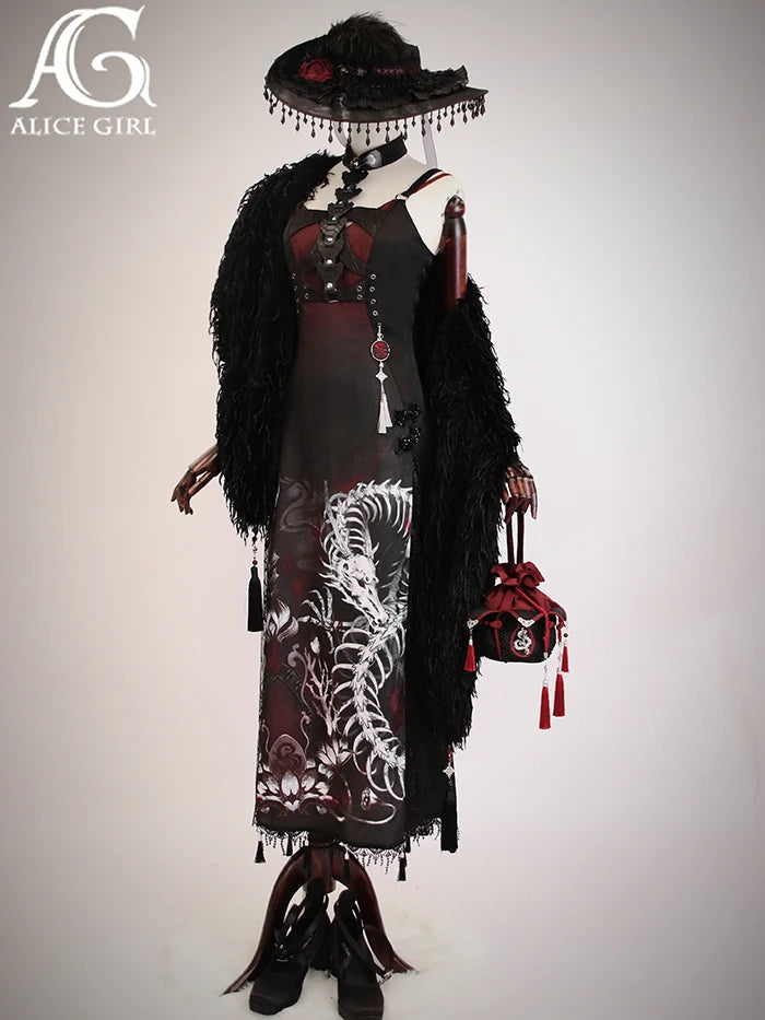Original Alice Girl Dragon Print Dress – Light Lolita Gothic Punk Slip Dress