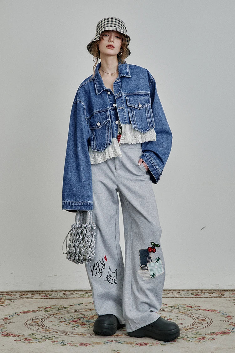 Women’s Vintage Y2K Lace Stitch Short Denim Jacket – ELFSACK Spring Edit